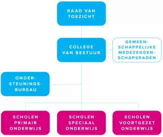 Het organogram van Openbaar Onderwijs Groningen, zoals beschreven in de tekst.